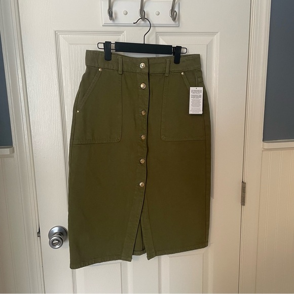 Michael Kors Smoky Olive Denim Jean Gold Button Front Midi Skirt SZ 6 NWT $110 - Picture 1 of 14